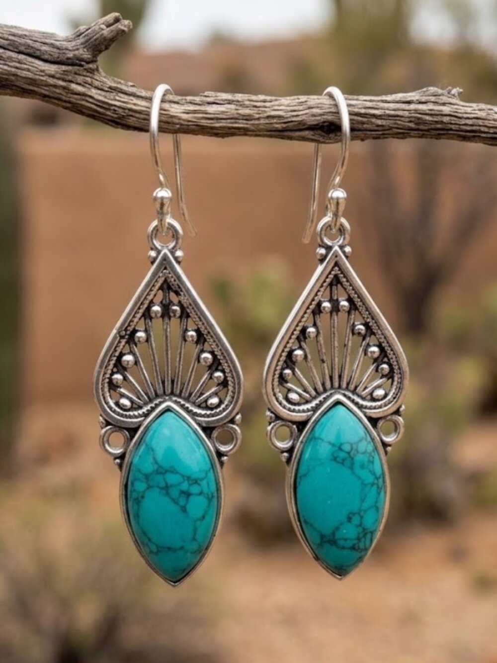 Turquoise Earrings 925 Sterling Silver Marquise Drop Filigree Fan Dangle 2"